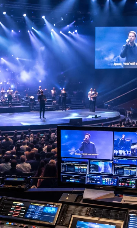 Wide interior of church sanctuary with stage, screens, and production setup