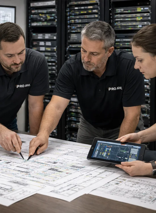 AV System Planning and Coordination AV integration team reviewing system plans and coordinating installation details