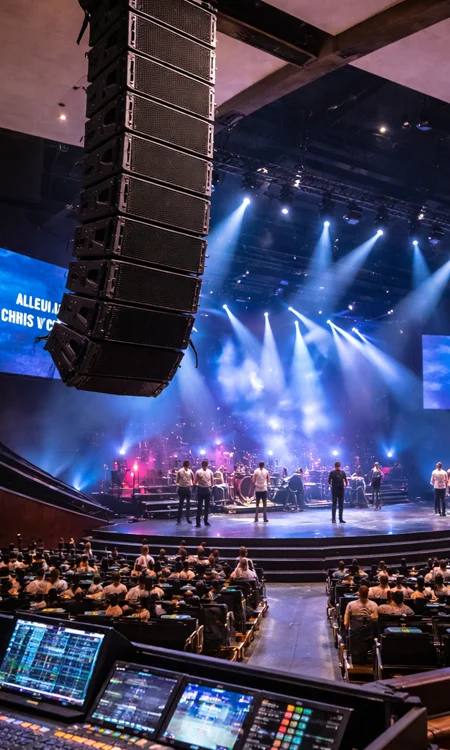 Professional line array speaker system installed in church sanctuary