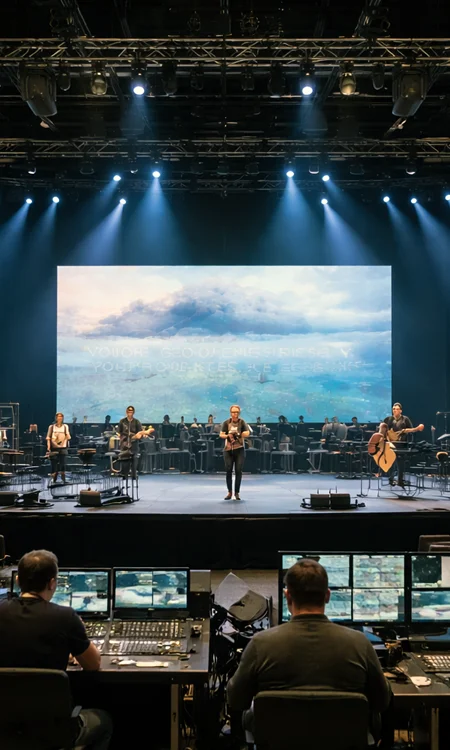 Interior of Discovery Church sanctuary with stage, lighting rigs, speaker arrays, and projection screens before service