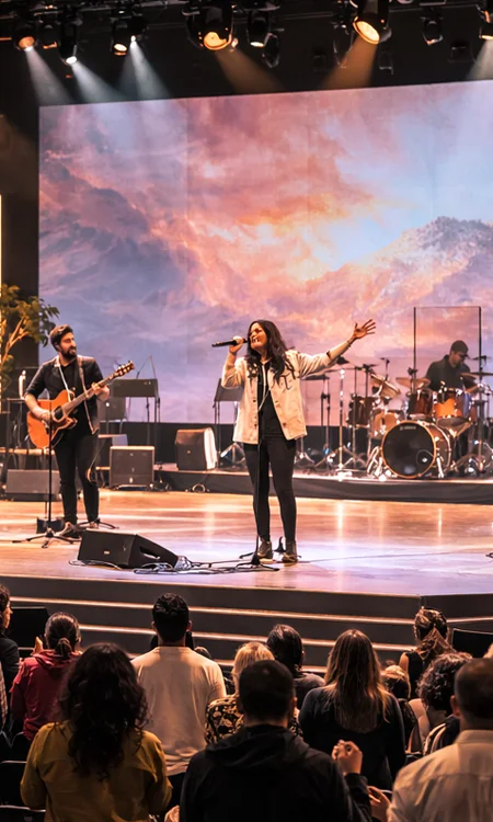Modern worship stage lighting with neutral tones and live environment
