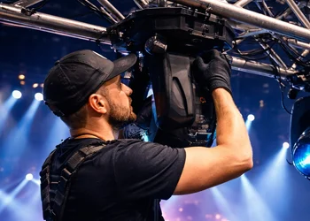 concert lighting rig installation Lighting technicians installing stage lighting fixtures