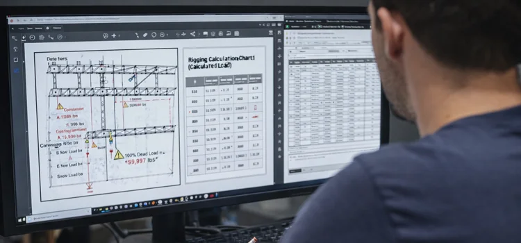 Rigging Engineering and Planning engineer reviewing rigging load calculations on plans