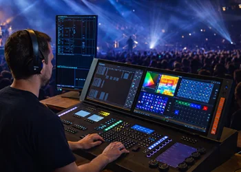 lighting console operator control room Lighting technician operating digital lighting console in control room