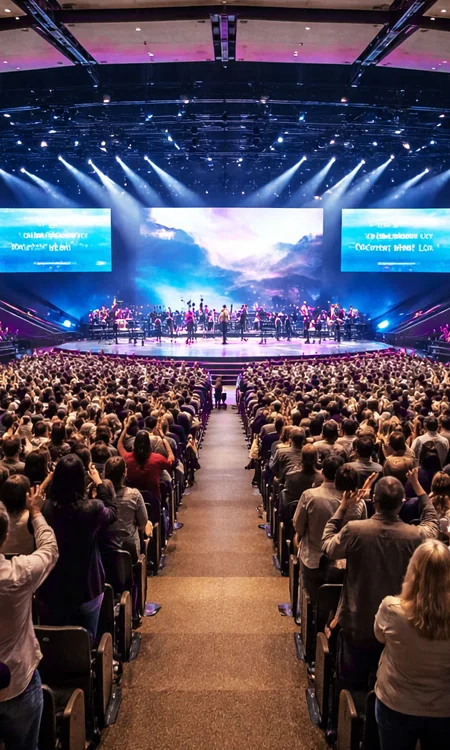 Large congregation in a mega church with stage and production systems