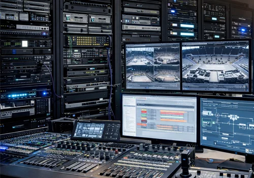 AV systems integration control room Integrated AV systems control room managing audio, video, lighting, and network infrastructure.
