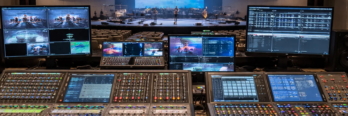 Church production booth with audio mixer, video monitors, and lighting control for Discovery Church
