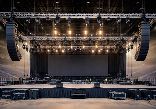 Venue rigging system installation Structural rigging system supporting lighting, audio, and LED display equipment in a large venue environment.