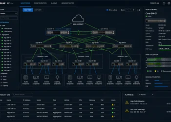 AV over IP Network Architecture Diagram showing AV over IP network connecting cameras, displays, control room, and equipment racks