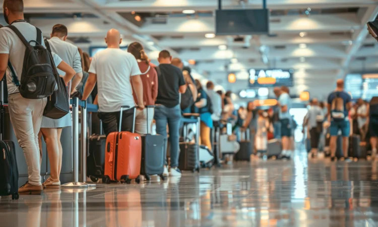 High-Traffic Passenger Queue in Transportation Terminal Passengers waiting in line with luggage inside a busy airport terminal under overhead lighting and digital signage