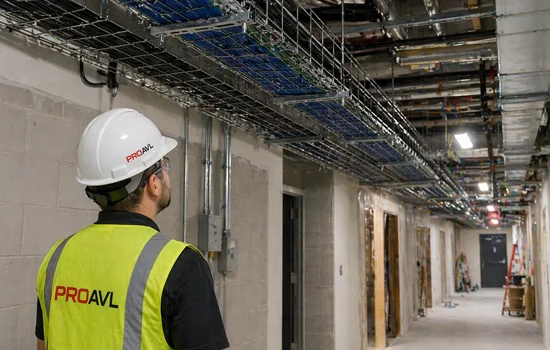 AV Infrastructure Installation in Cable Pathways Technician inspecting AV cabling in overhead cable tray