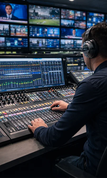 Broadcast audio mixing console in live production environment audio engineer operating digital mixing console in broadcast control room
