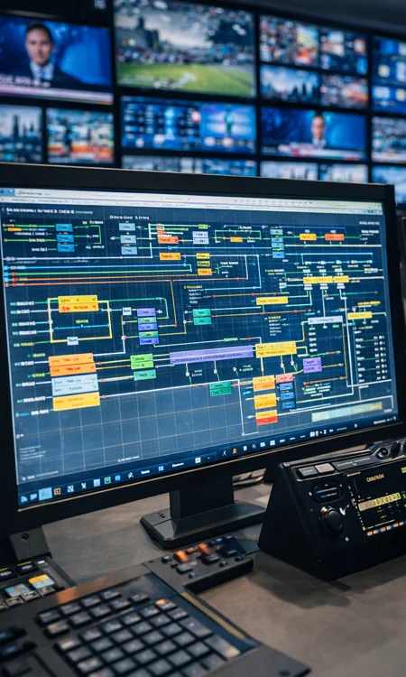 Broadcast control room with multi view monitoring wall engineers working in broadcast control room with multiple screens showing live video feeds