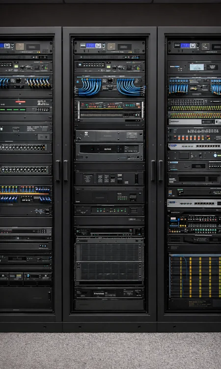 Corporate AV Infrastructure AV equipment racks in corporate server room with structured cabling