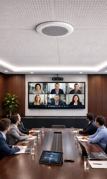 Corporate Audio System Design ceiling mounted microphones in corporate meeting space