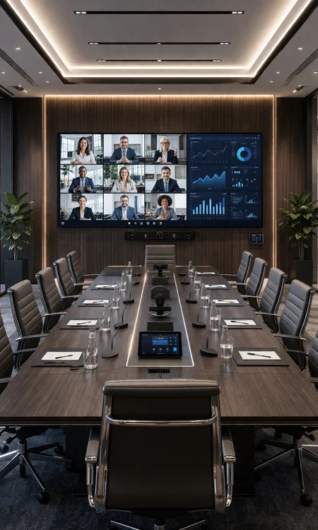 Executive Boardroom Systems executive boardroom with video conferencing system and large display