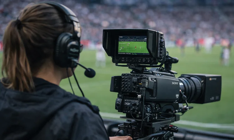 Camera operator at a professional soccer match broadcast camera operator during live production