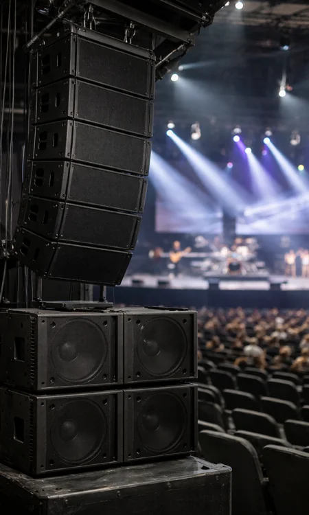 Female audio engineer operating digital mixing console at front-of-house during entertainment venue rehearsal with stage performance in background