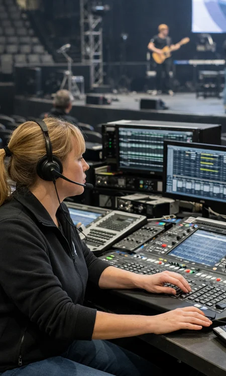 Female audio technician operating a digital mixing console at front-of-house with team monitoring audio and video systems during entertainment venue rehearsal