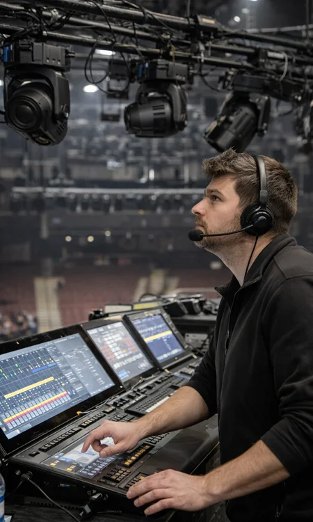 Lighting Technician Configuring Overhead Fixtures and Control System in Venue Lighting technician operating control console while configuring overhead stage lighting fixtures in entertainment venue