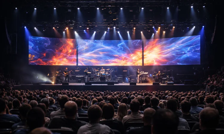 Large entertainment venue with LED video wall and stage lighting active during live show with audience in foreground