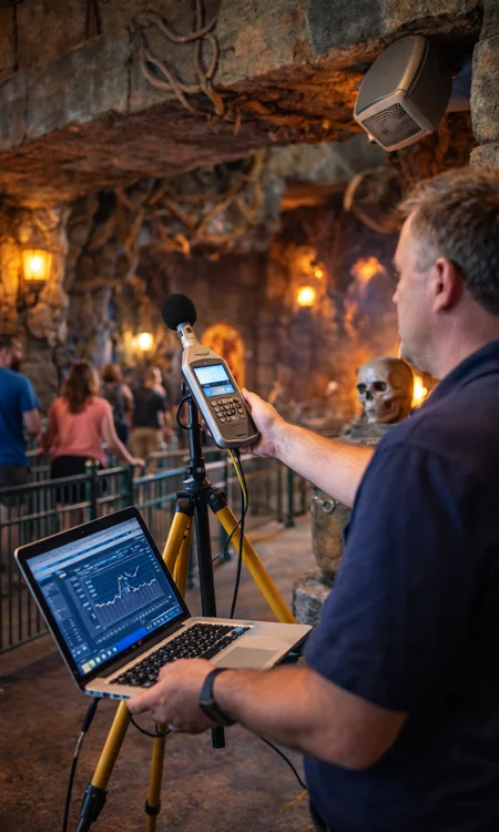 Technician Tuning Distributed Audio System in Theme Park Attraction Technician using measurement microphone and laptop to tune distributed speakers in a themed attraction environment