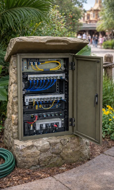 Weatherproof theme park AV enclosure with fiber termination panel, network switch, and power distribution