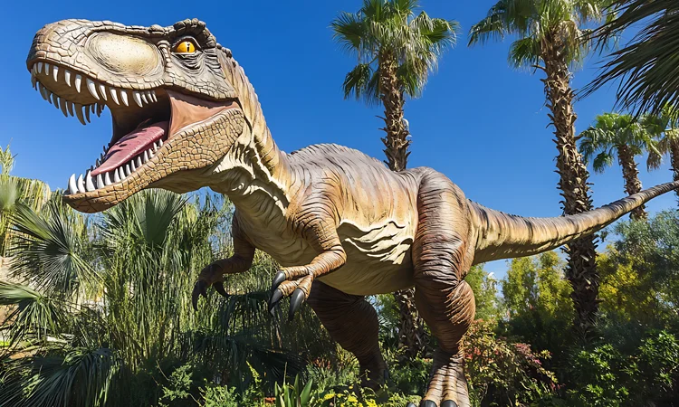 Large dinosaur figure in outdoor theme park attraction with themed landscaping and guest environment