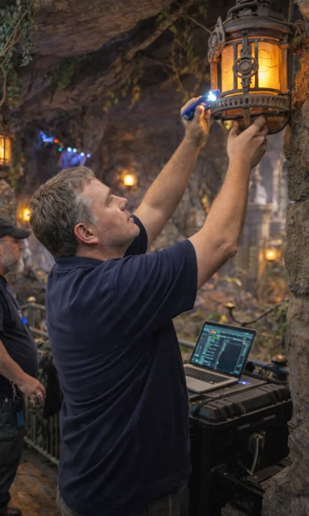 Technician adjusting themed lighting fixture inside attraction while another monitors system settings