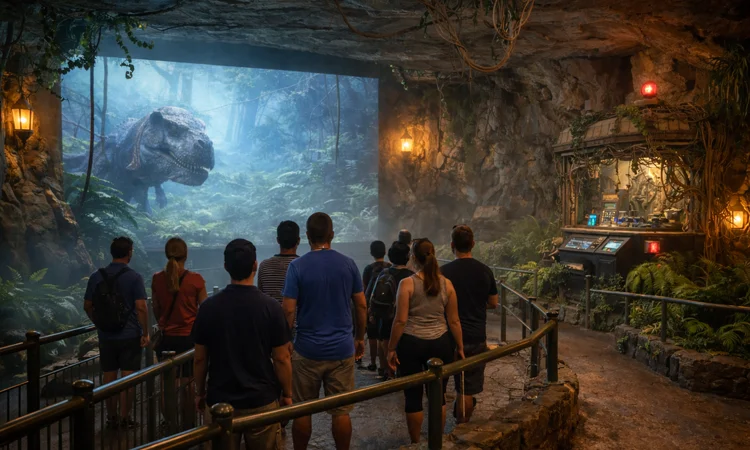 Guests in a themed attraction queue watching large projection media integrated into the environment