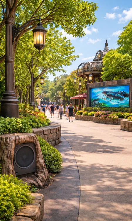 Outdoor theme park walkway with embedded speakers, decorative lighting, and digital display elements