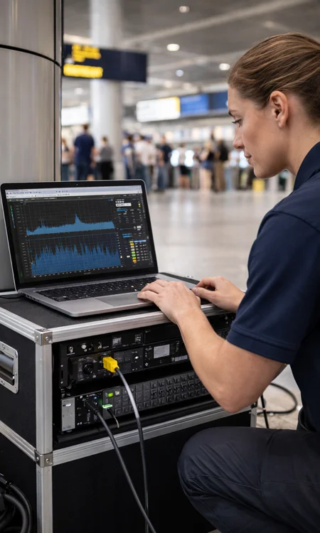Technician Commissioning Transportation Paging System Female technician using laptop with audio measurement software to commission a paging system in a transportation terminal