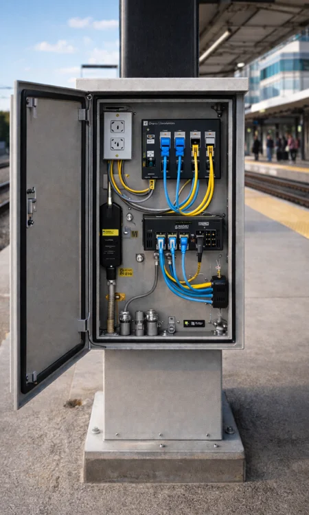 Weatherproof AV and Network Enclosure at Transportation Platform Outdoor transportation platform with open weatherproof enclosure showing network switch, fiber connections, and power distribution
