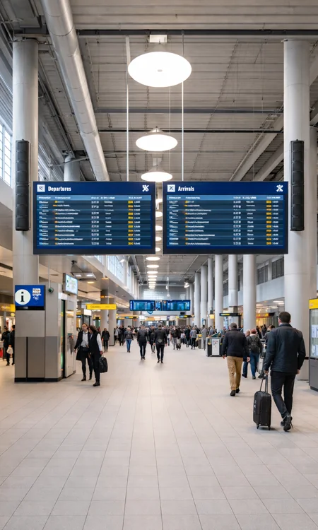 Transit Terminal with Column Array Speakers and Digital Signage Transportation terminal interior with column array speakers mounted on structural columns and suspended digital departure displays
