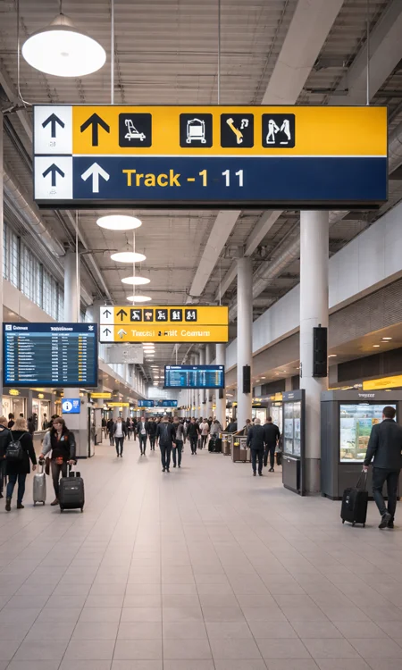 Transportation Terminal Wayfinding and Lighting Visibility Transportation terminal interior with overhead wayfinding signage and digital displays clearly visible under balanced lighting conditions