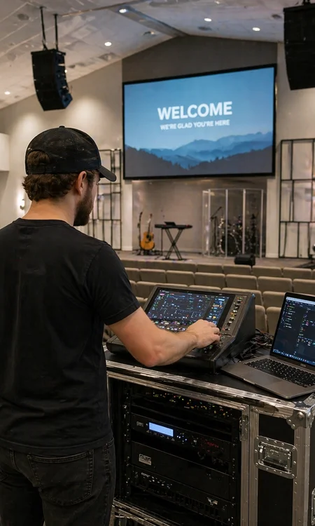 AV System Setup in House of Worship Technician preparing AV system in house of worship before service