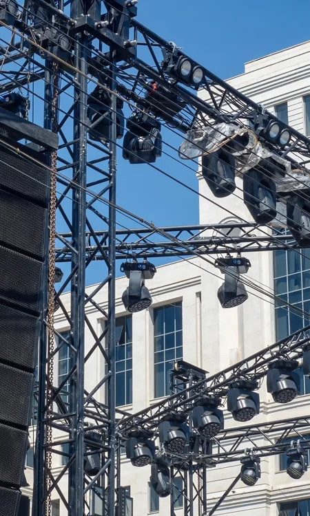 Pro AVL stage rigging systems installation.webp overhead stage rigging and truss system installation