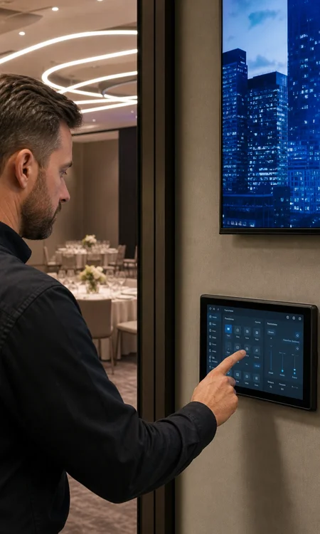 american express vanderbilt building touch panel control Technician using a touch-panel control interface for AV and lighting scenes in a corporate event space.