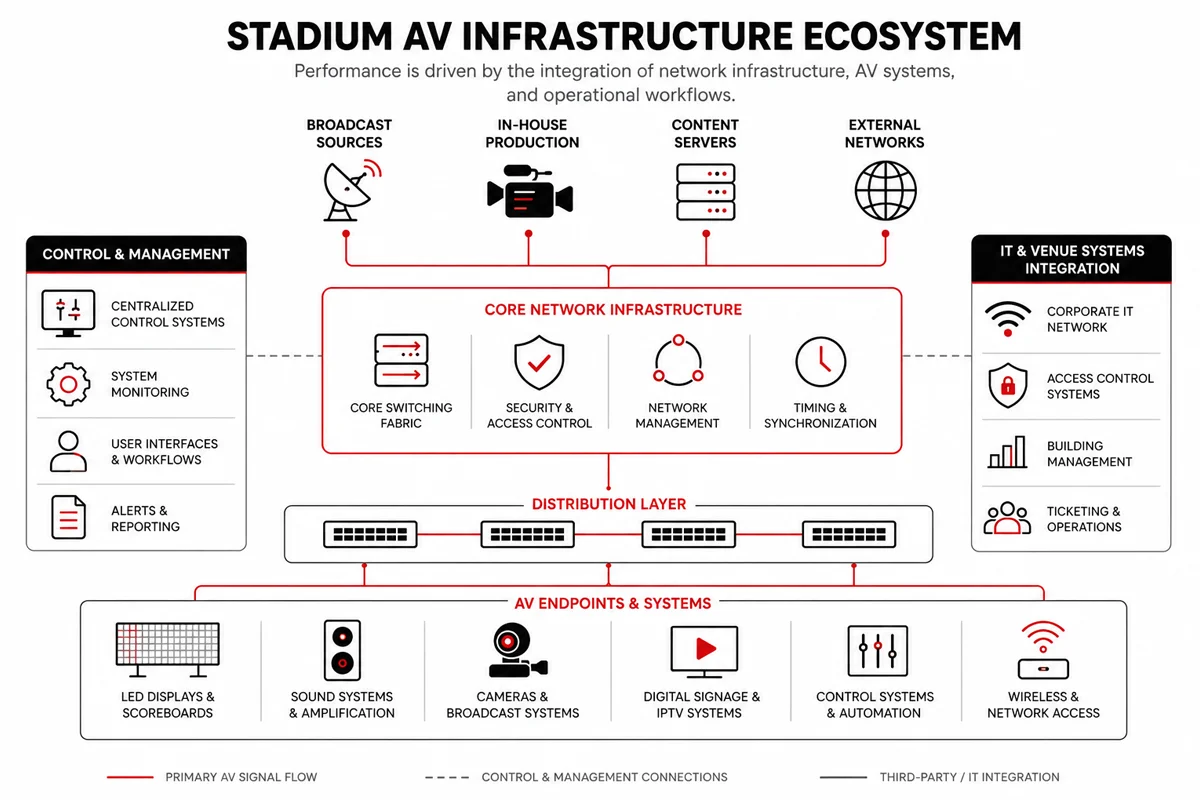 AV over IP system diagram showing flexible signal routing