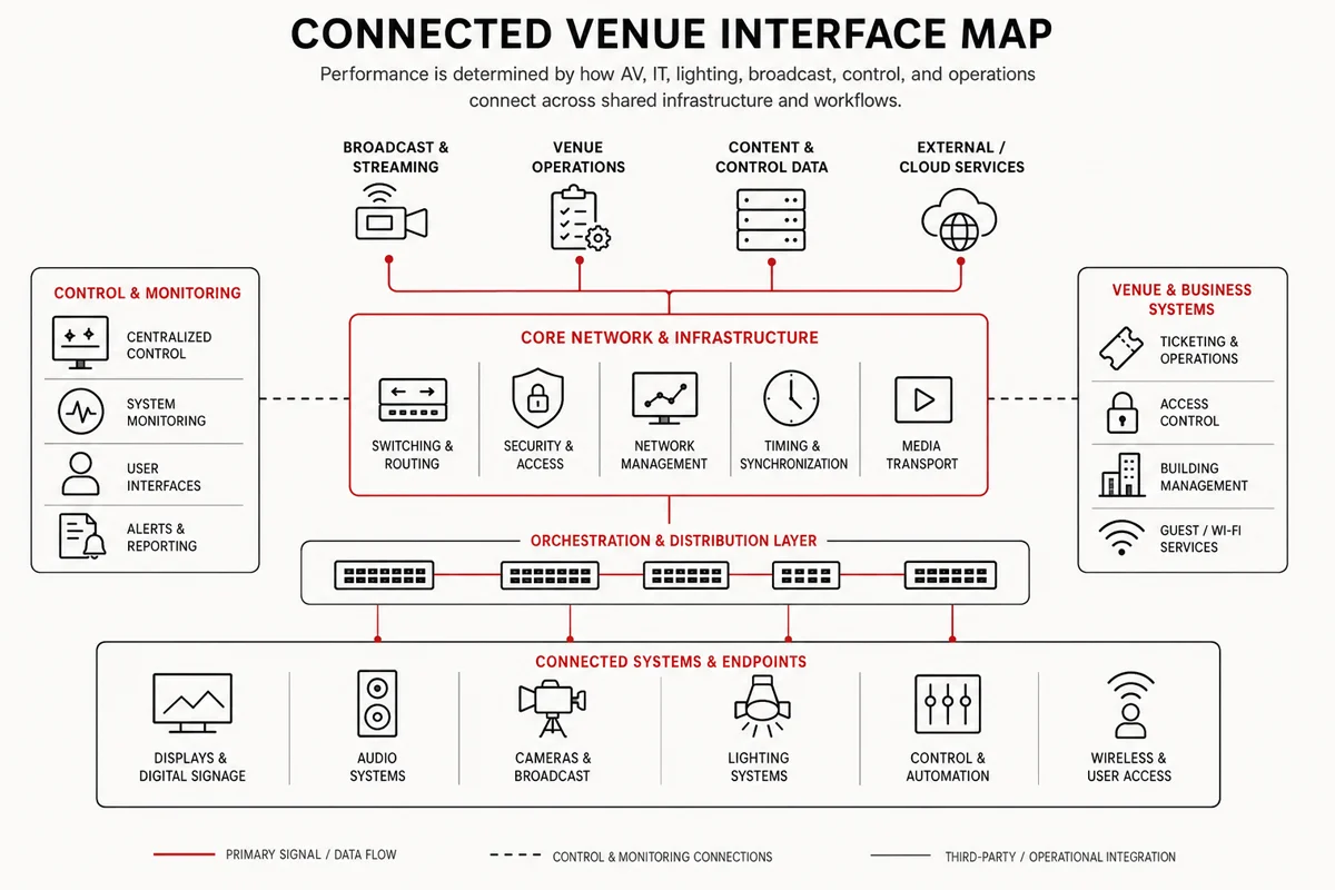 Diagram showing how AV, IT, lighting, broadcast, control, operations, and venue business systems connect through shared network infrastructure in a connected venue