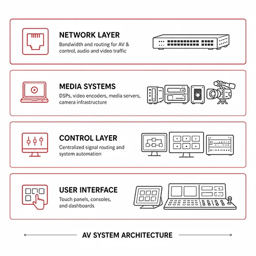 AV System Architecture Layers Layered AV system architecture diagram showing network, media systems, control layer, and user interface