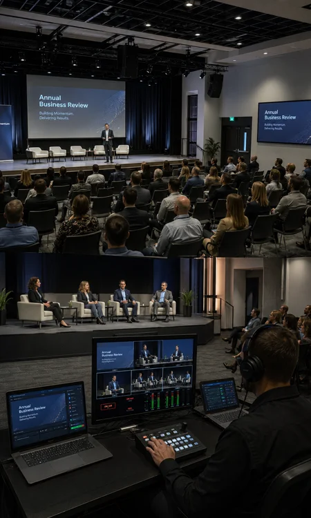 Multi-purpose venue configured for hybrid events and presentations