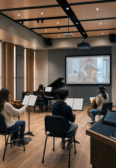 Music education studio with projection and audio systems supporting rehearsal and instruction.