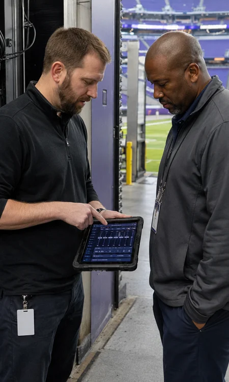On-Site System Control Review Pro AVL engineer reviewing a system control device with a customer on site at a large venue