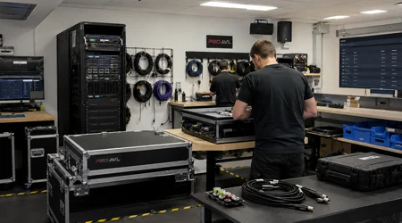 Pro AVL Melbourne Office Technical Workspace Pro AVL Melbourne Office technical workspace with AV equipment racks and technicians preparing systems