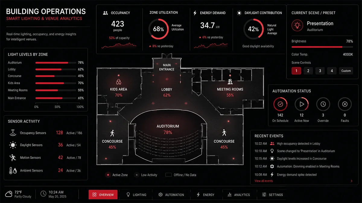 Smart lighting dashboard showing venue occupancy, light levels, energy demand, sensor activity, and zone utilization