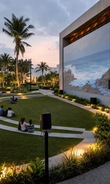 Portrait view of SoundScape Park showing the lawn, projection wall, palm trees, and integrated outdoor audio visual environment