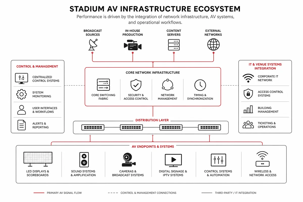 Stadium AV Infrastructure Ecosystem Diagram Diagram of stadium AV infrastructure ecosystem showing network backbone, control systems, and AV endpoints