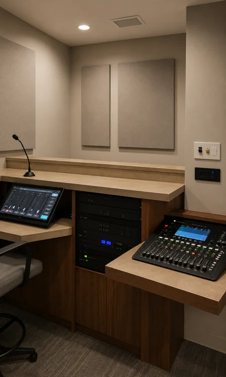Church AV Control Room Church AV control room with audio mixing console, touchscreen interface, equipment rack, microphone, acoustic wall panels, and wood workstation