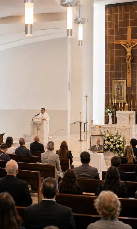 Priest Giving Eulogy in Church Sanctuary Priest giving a eulogy from a church lectern during a daytime funeral service with parishioners seated in a modern sanctuary